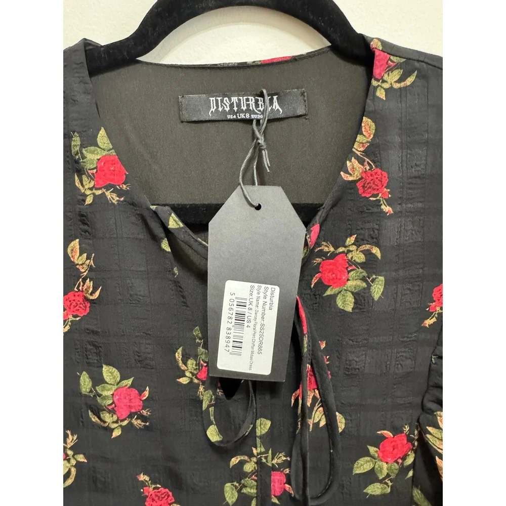 Disturbia Darcy Floral Print Chiffon Midaxi Dress Black Red Rose Gothic US 4